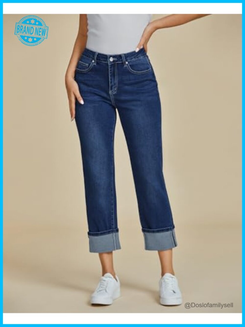 Straight Leg Cropped Jeans with Pockets High Waisted Cuffed Hem Stretchy - Picture 3 of 7